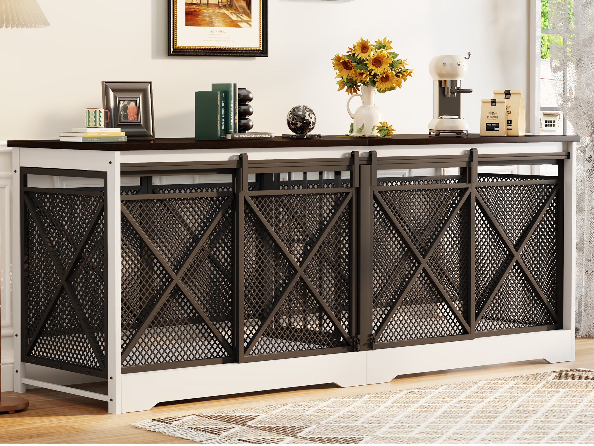 78" Double Dog Crate Wooden Dog Kennel Furniture with Metal Mesh-White