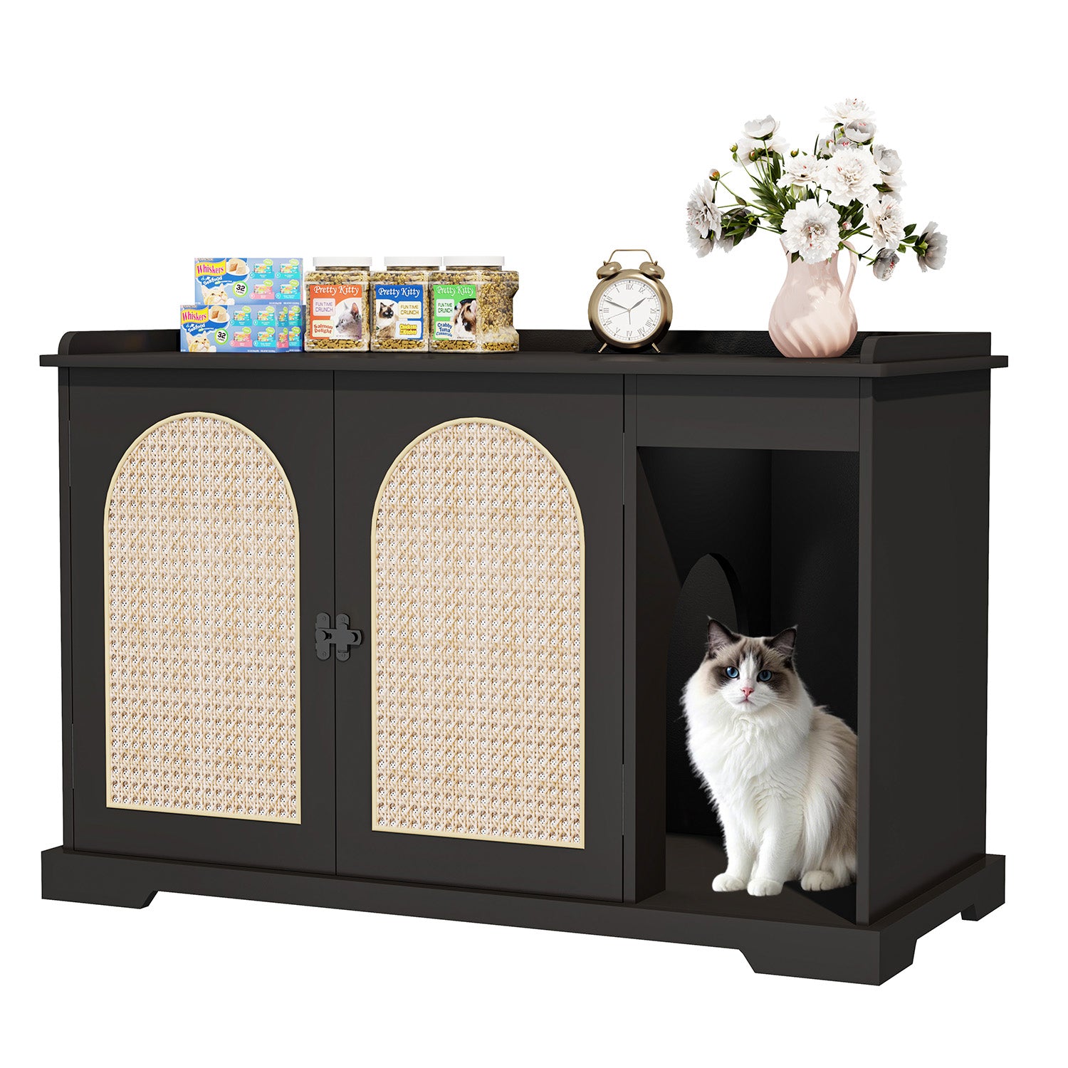 Indoor Wooden Furniture Cat Litter Box Enclosure with Double Movable doors and Divider-Black
