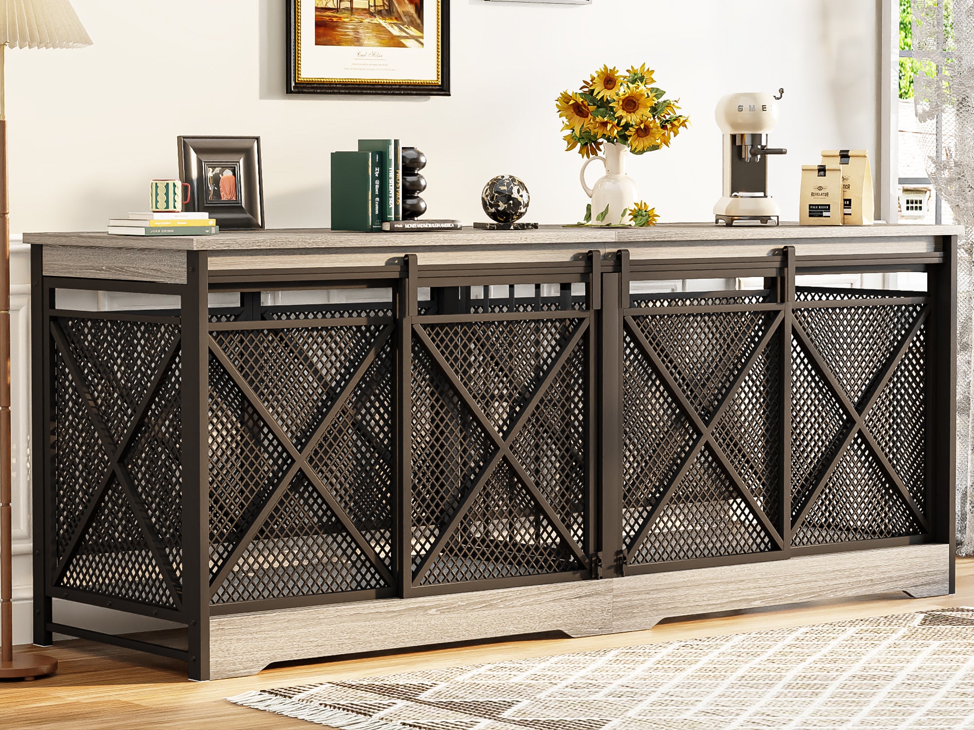 78" Double Dog Crate Wooden Dog Kennel Furniture with Metal Mesh-Brown