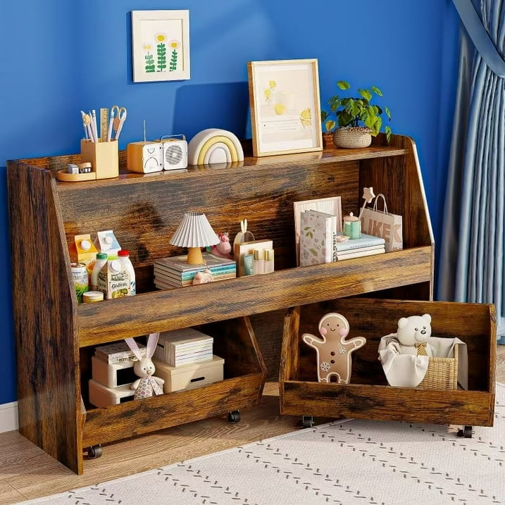 4-Tier Wooden Kids Bookshelf and Toy Storage for for Kids Rooms(Brown)