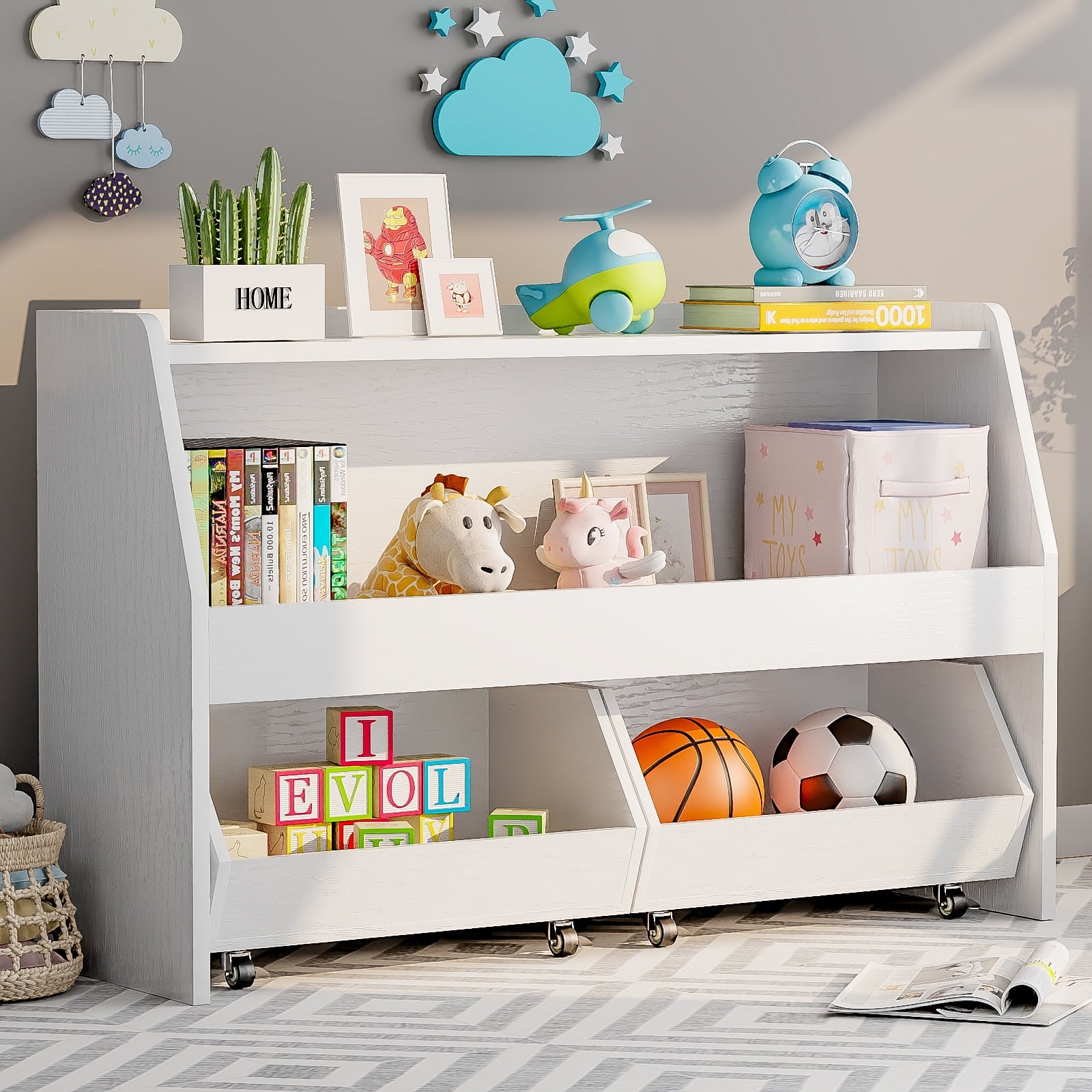 2-Tier Portable Toy Storage, Kids Toy Organizer W/2 Removable Bins with 4 Wheels（White)