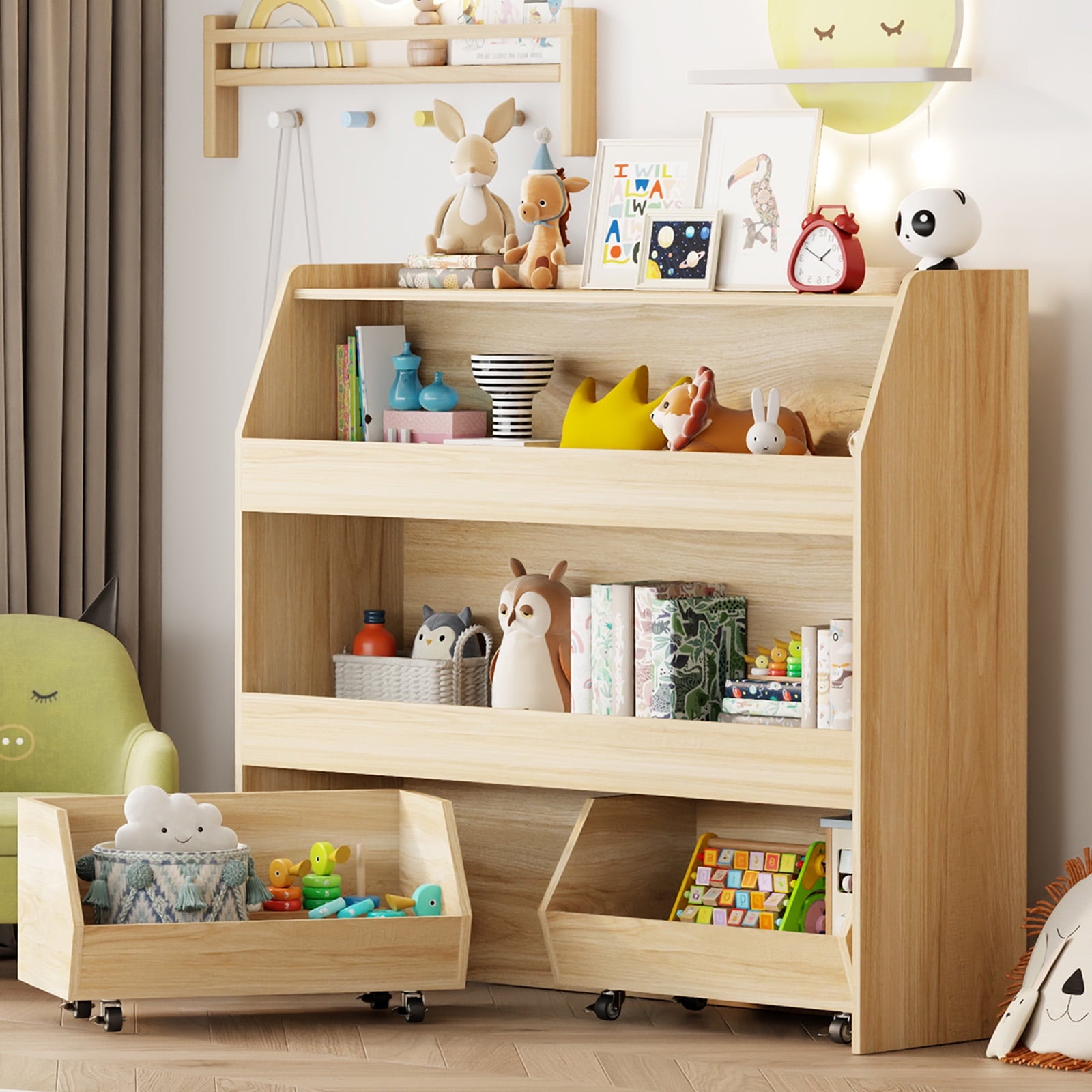 3-Tier Portable Toy Storage, Kids Toy Organizer W/2 Removable Bins with 4 Wheels（Wood)