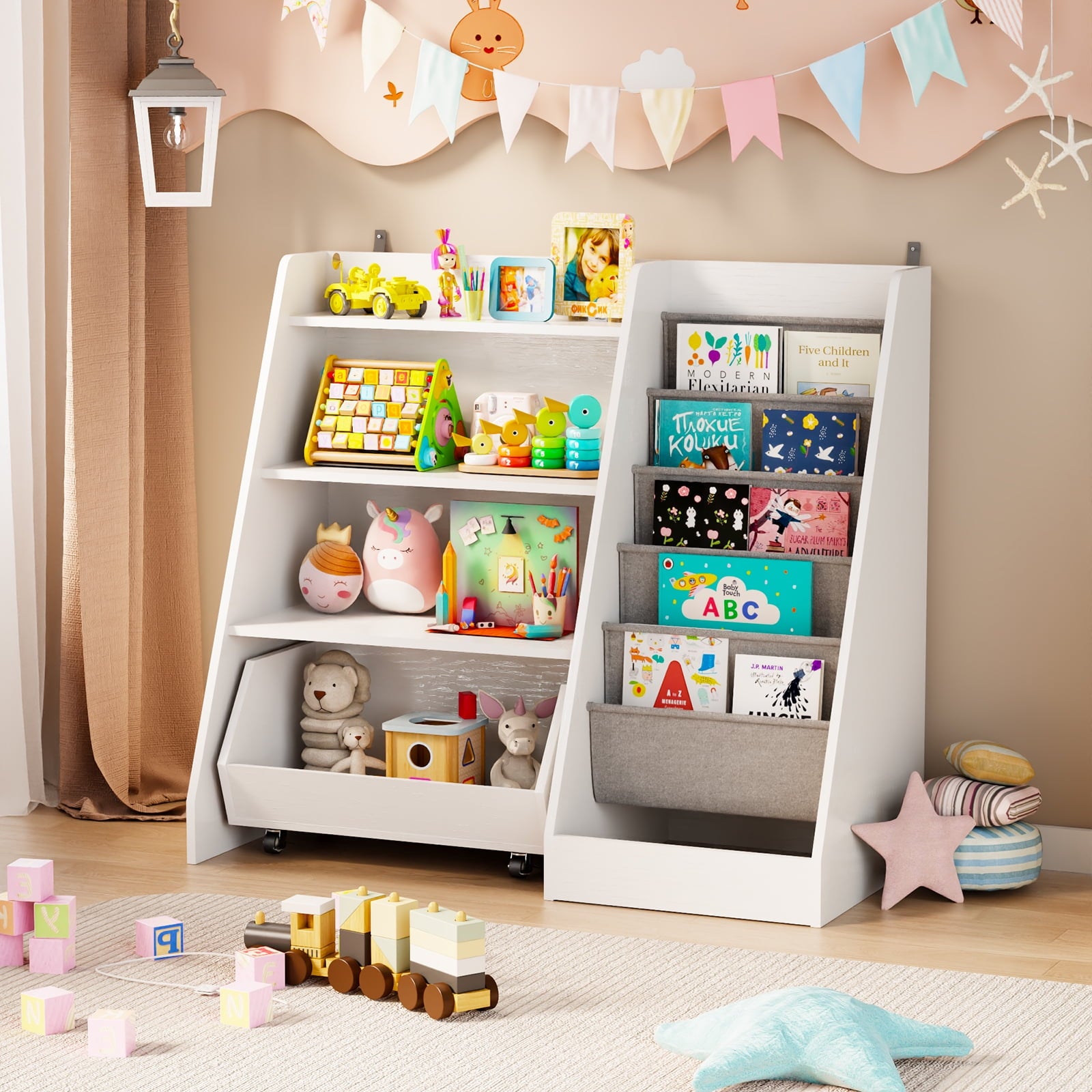 4-Tier Wooden Kids Bookshelf and Toy Storage for for Kids Rooms (White)