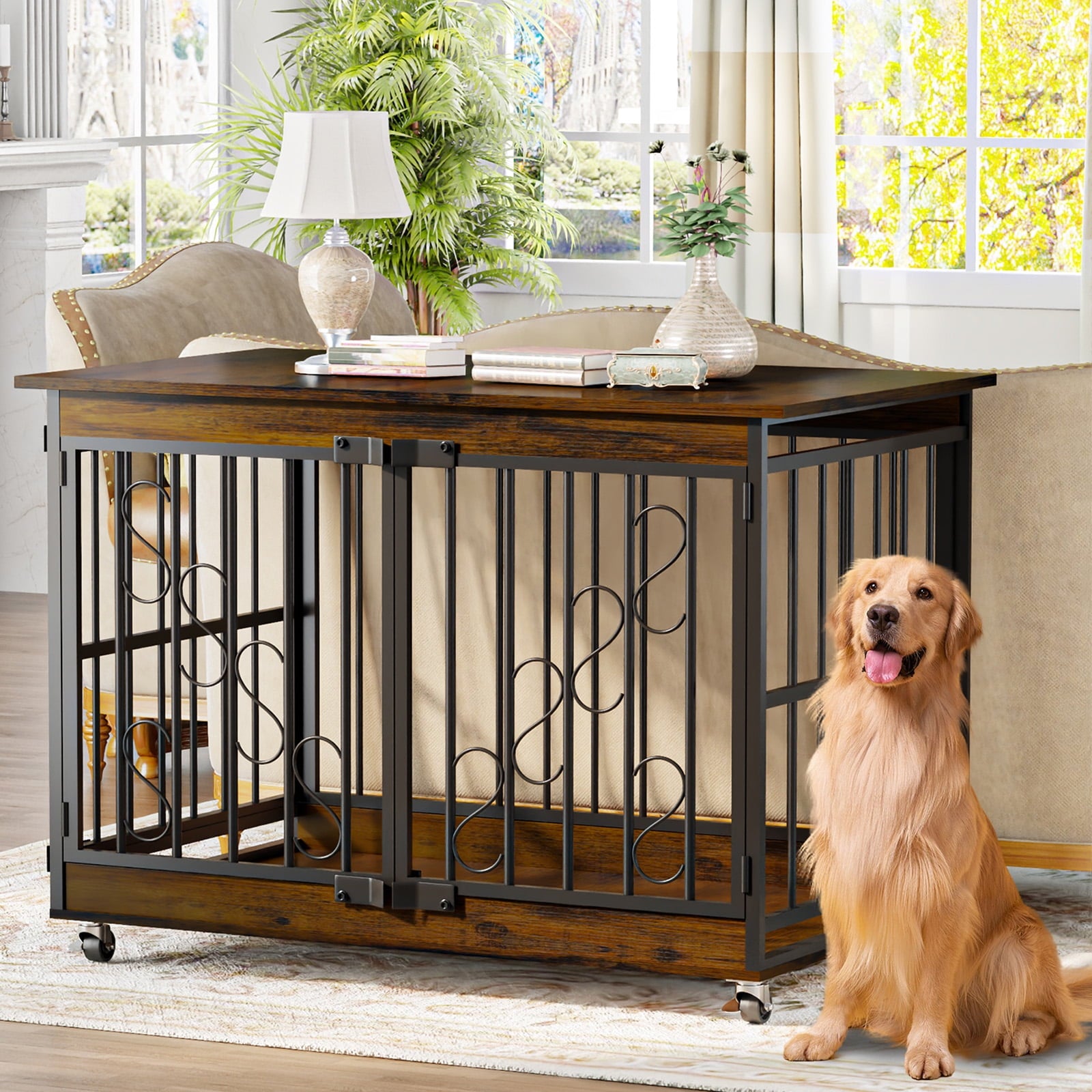 48" Wooden Large Furniture Dog Crate with Elegant S-Shaped Decoration Door-Brown