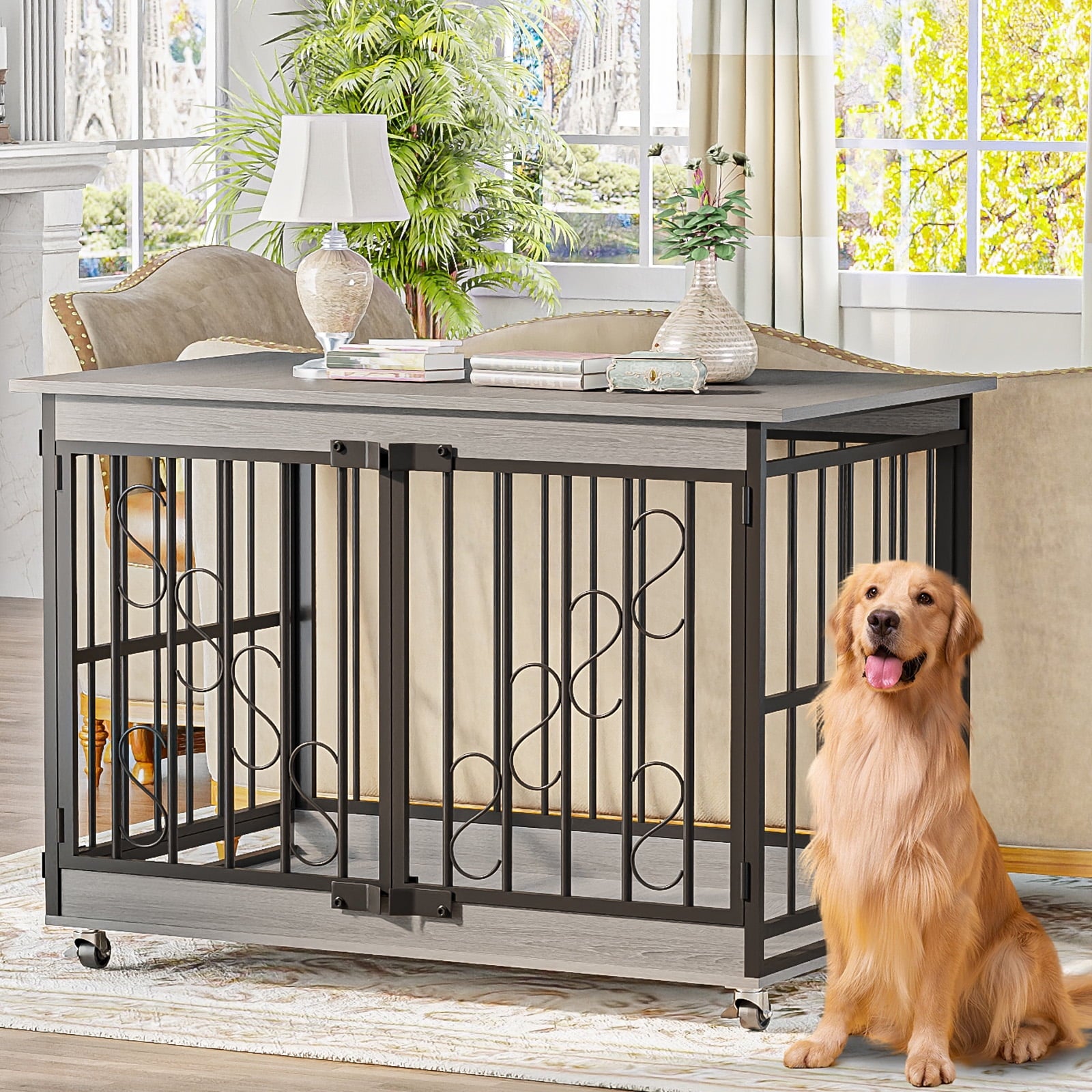 48" Wooden Large Furniture Dog Crate with Elegant S-Shaped Decoration Door-Grey