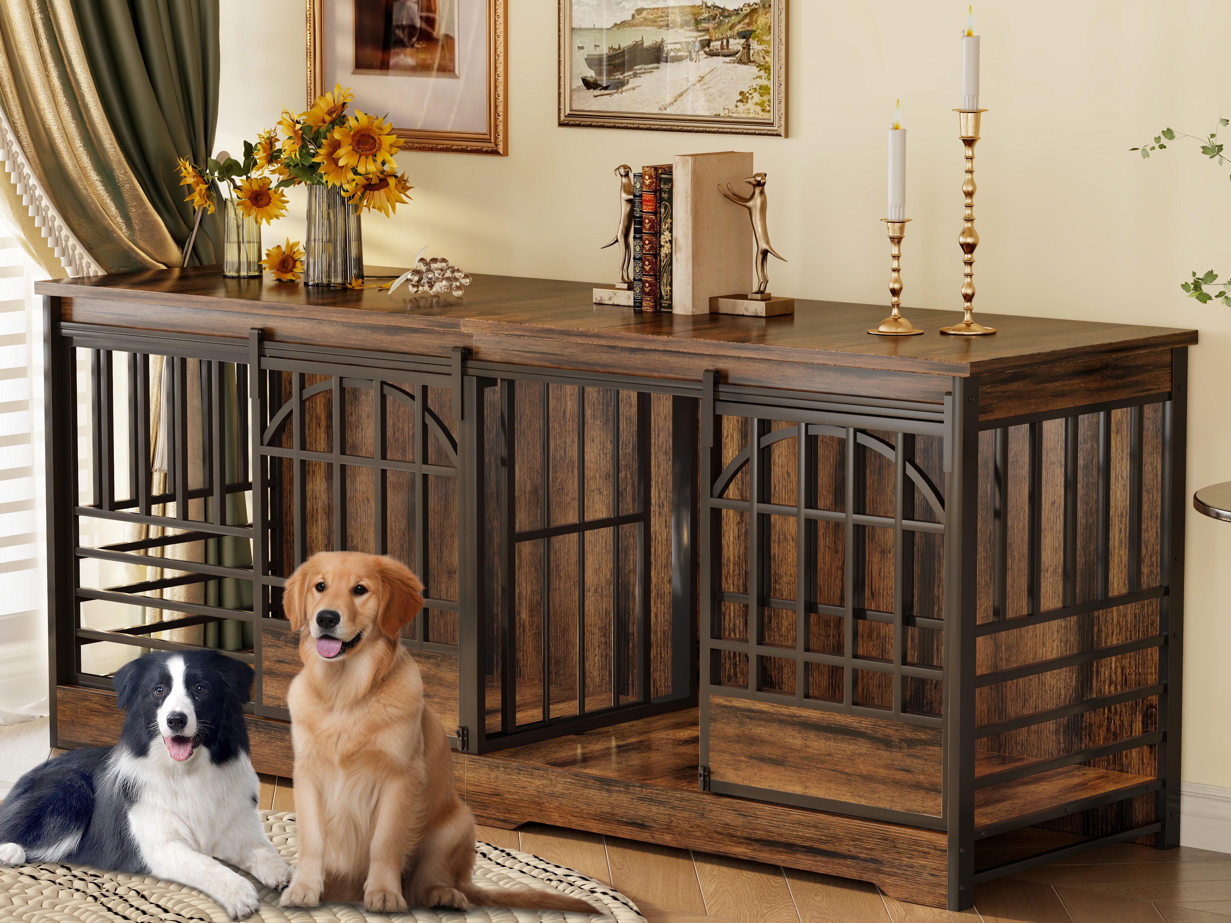 78" Double Dog Crate Wooden Dog Kennel Furniture with Elegant Arched Door-Brown