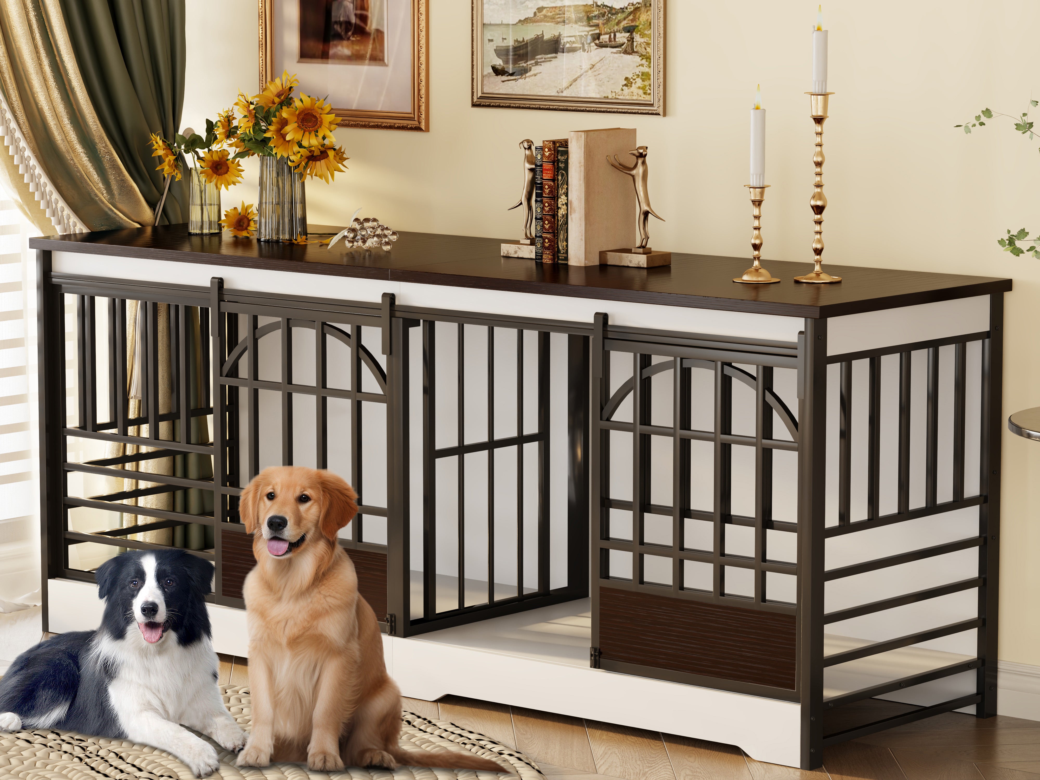 78" Double Dog Crate Wooden Dog Kennel Furniture with Elegant Arched Door-White
